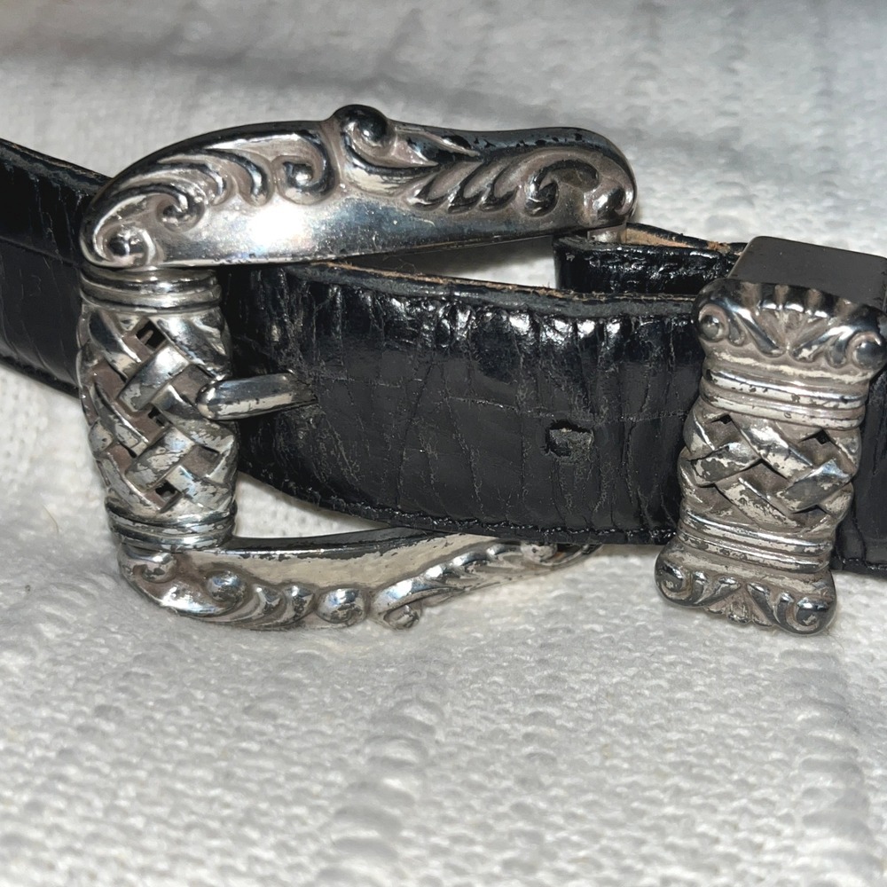 Brighton‎ Black Croc Embossed Leather Belt Silver Ornate Buckle 29" Vintage 1995